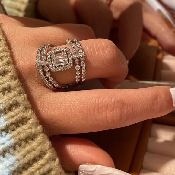 18k White Gold Diamond Ring Pave Diamond Statement Ring - Picture 5 of 8